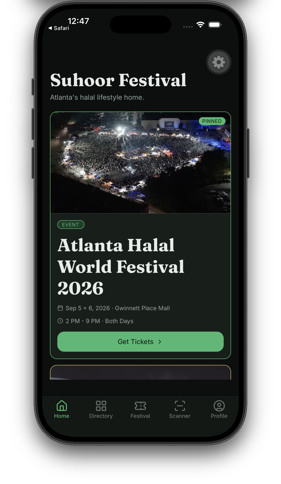 Festival app — home screen