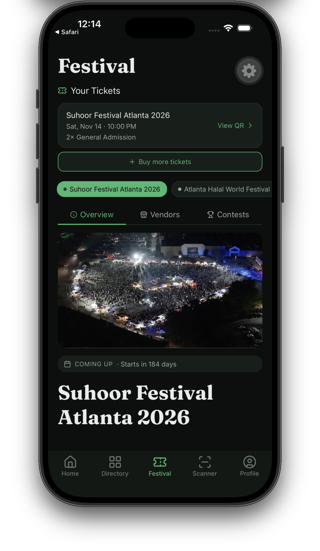 Festival app — your tickets screen