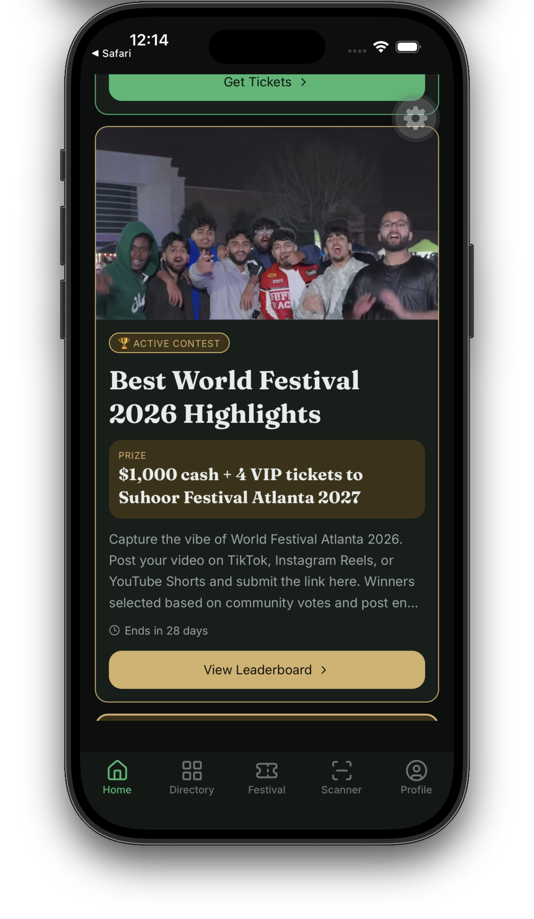 Festival app — contests + giveaways screen
