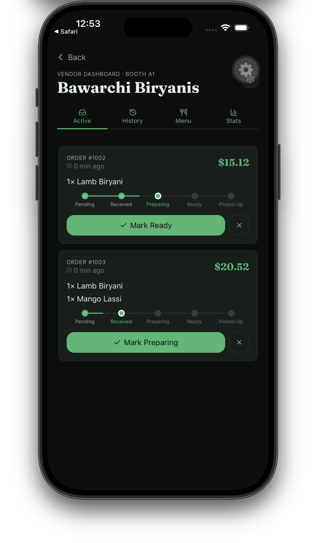 Festival app — vendor order dashboard