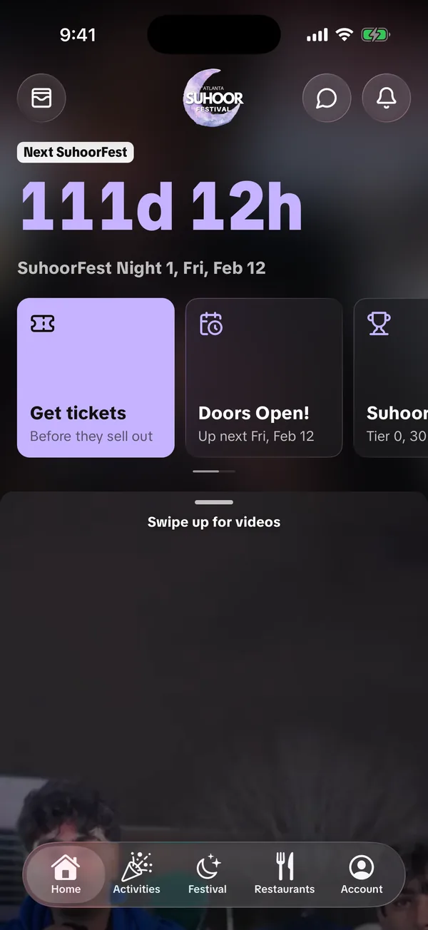 Suhoor Festival app home screen with the countdown, Get tickets and the Suhoor Pass